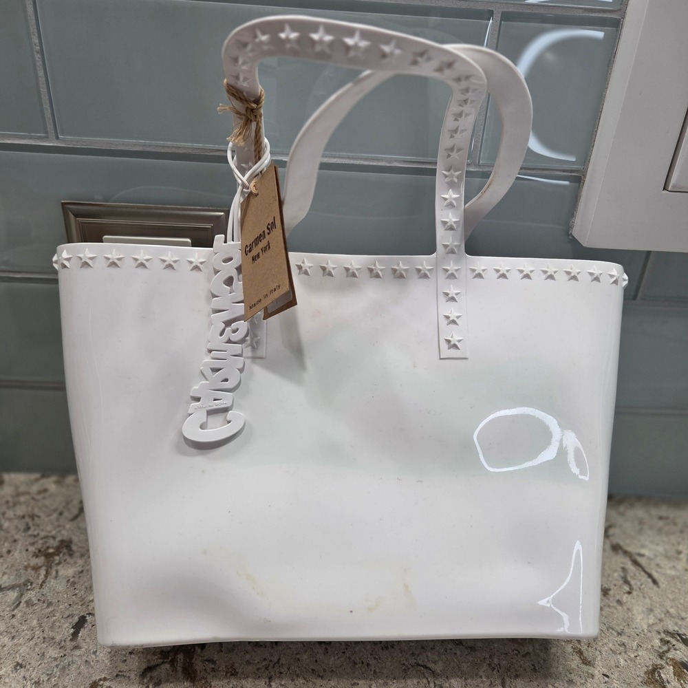 Carmen Sol White Jelly Tote Bag St-Marika Mid Size Made in Italy‎ PVC Star Trim